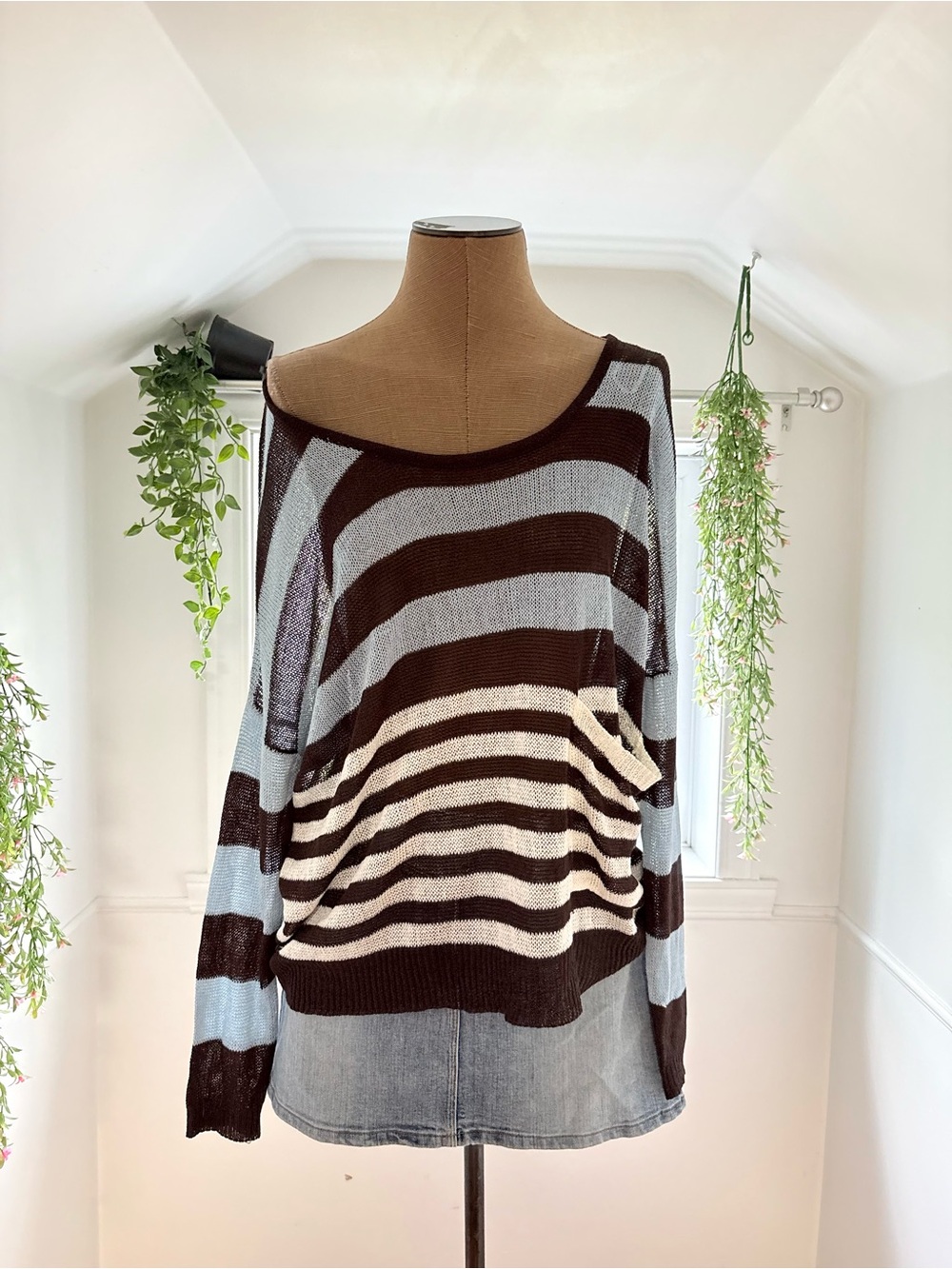 Cecico Striped Scoop-Neck Sweater in Brown, Light Blue & Cream
